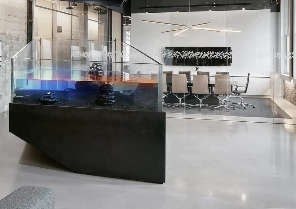 A freestanding glass aquarium on a dark base in a bright modern office.