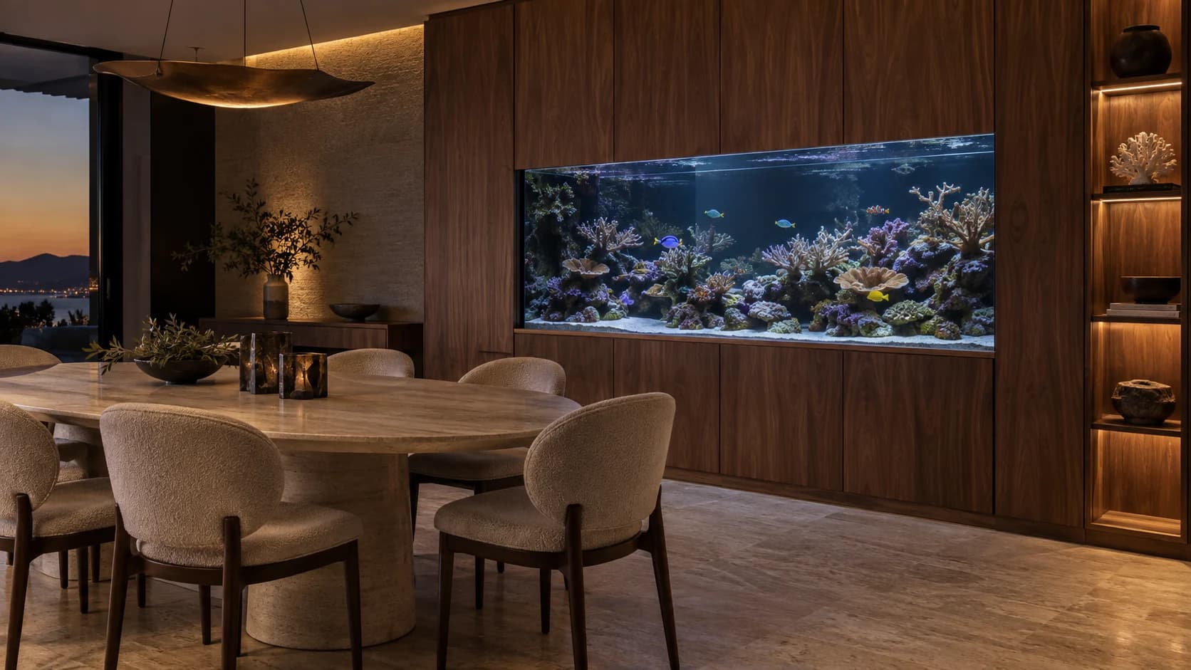 A reef aquarium built into a walnut dining-room wall, glowing softly at dusk.