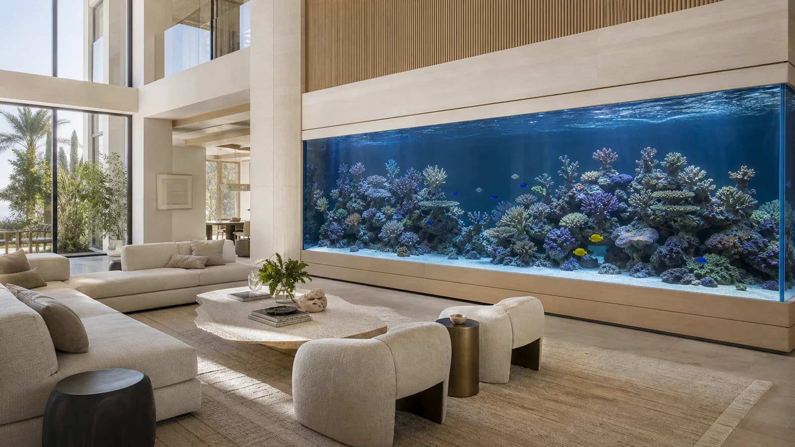 A monumental built-in reef aquarium spans the wall of a bright double-height luxury living room.