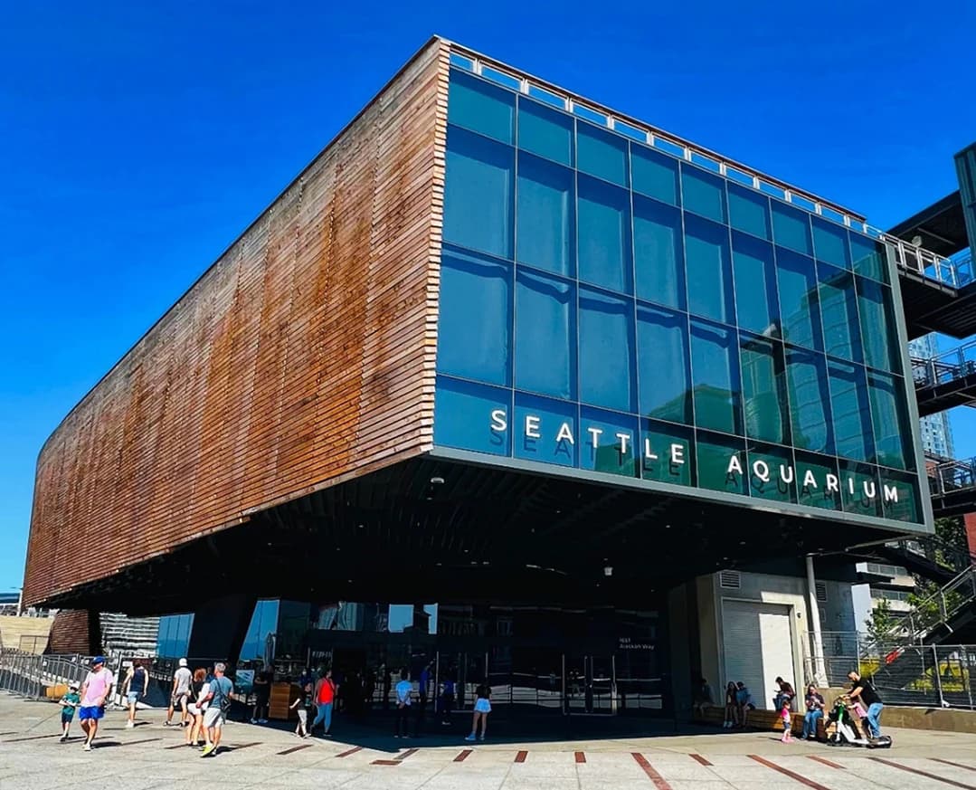 The completed Seattle Aquarium Ocean Pavilion with its wood-clad exterior.